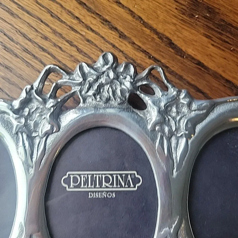 Vtg Art Nouveau Style Photo Frame Flowers 3 Oval Pictures Silver Cast Metal
